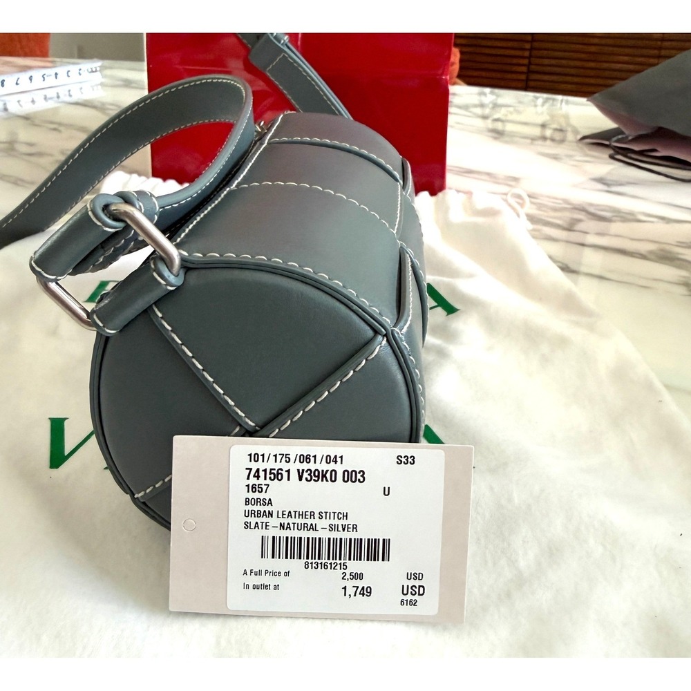 Bottega Veneta Cassette Duffle‎ Leather Crossbody 741561 Intrecciato Blue Grey - Picture 14 of 16